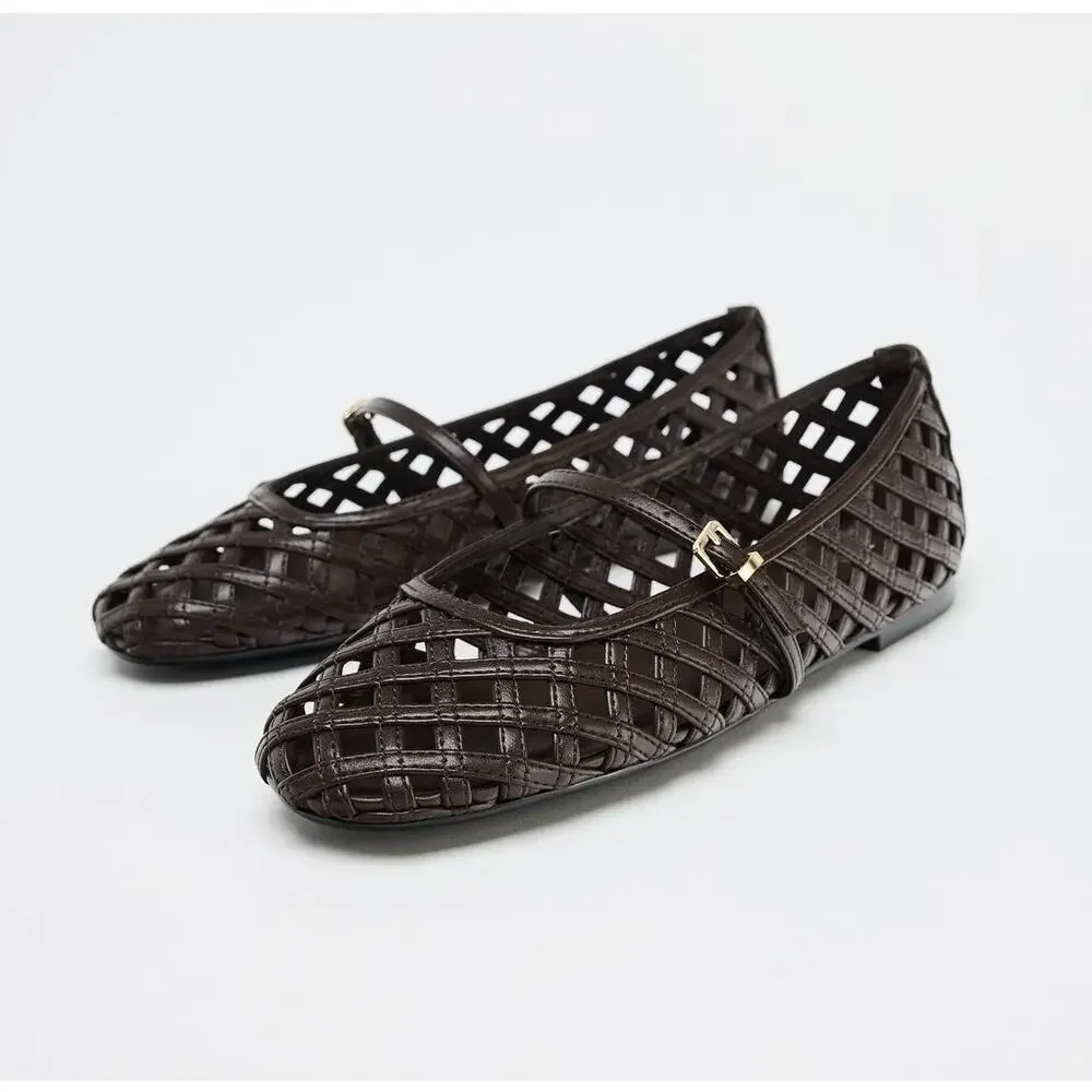Zara Dark Brown Woven Mary Jane Flats - Picture 10 of 14